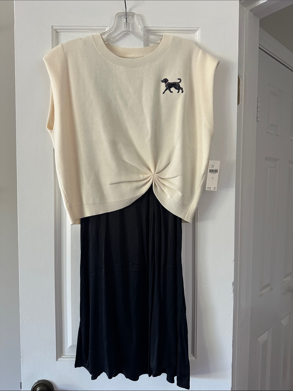 Anthropologie Cream & Black Girls' Knit Twist Dress with Dog Embroidery